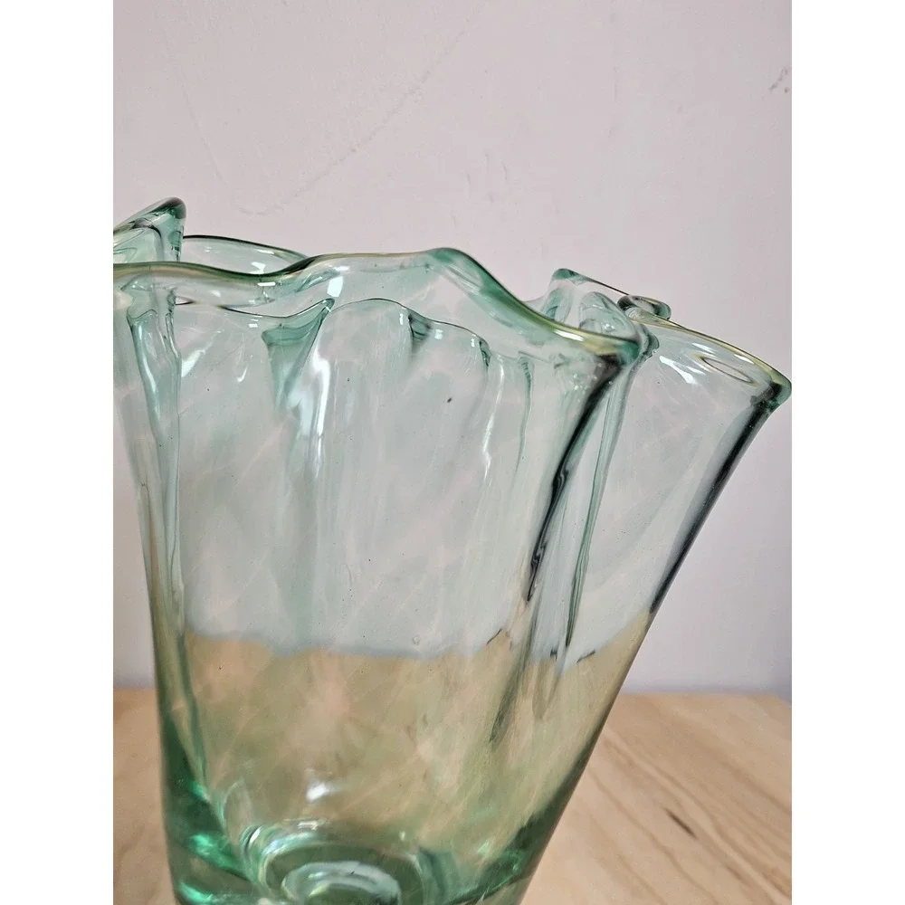 Hand Blown Art Glass Vase Clear Green Striped Ruffled Rim 7 Inch Decorative